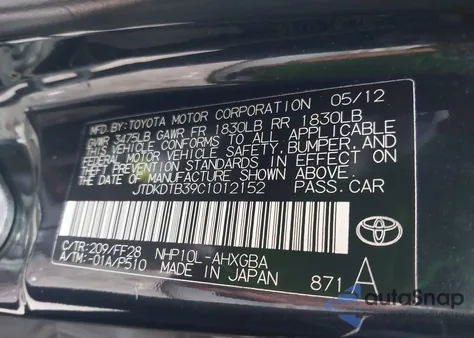 2012 Toyota Prius C Three from USA, damaged, VIN JTDKDTB39C1012152